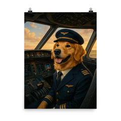Golden Retriever airline pilot in cockpit ready for takeoff poster on a plain backdrop in size 8"x10".