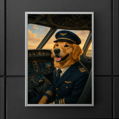 Golden Retriever airline pilot in cockpit ready for takeoff poster 5