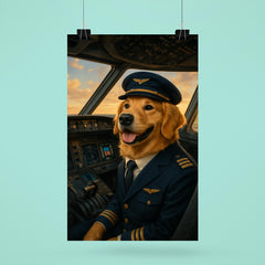 Golden Retriever airline pilot in cockpit ready for takeoff poster 6