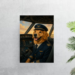 Golden Retriever airline pilot in cockpit ready for takeoff poster 7