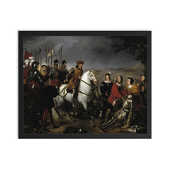 Gonzalo Fernández de Córdoba Discovers the Corpse of Louis d'Armagnac at the Battle of Cerignola by Federico de Madrazo y Kuntz, 1835 framed print on a plain backdrop in size 16"x20".
