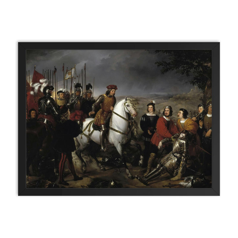 Gonzalo Fernández de Córdoba Discovers the Corpse of Louis d'Armagnac at the Battle of Cerignola by Federico de Madrazo y Kuntz, 1835 framed print on a plain backdrop in size 18