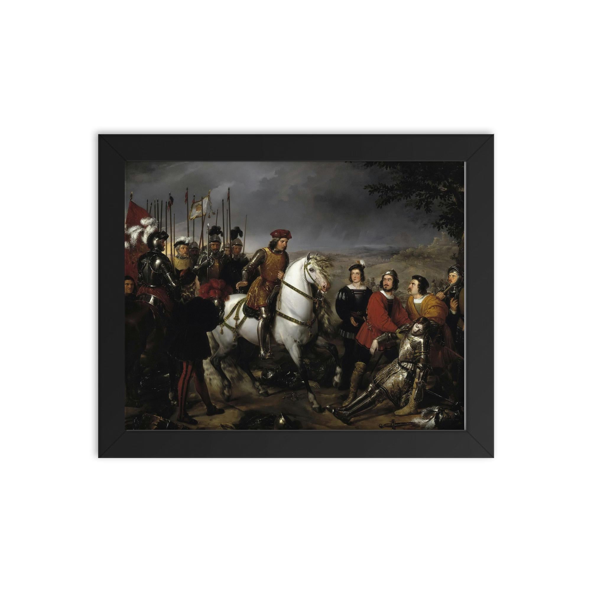 Gonzalo Fernández de Córdoba Discovers the Corpse of Louis d'Armagnac at the Battle of Cerignola by Federico de Madrazo y Kuntz, 1835 framed print on a plain backdrop in size 8"x10".