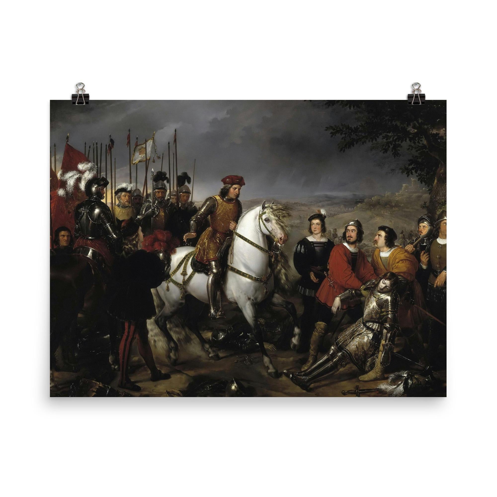 Gonzalo Fernández de Córdoba Discovers the Corpse of Louis d'Armagnac at the Battle of Cerignola by Federico de Madrazo y Kuntz, 1835 poster on a plain backdrop in size 8"x10".