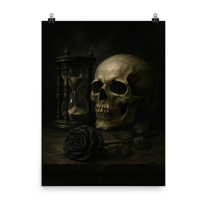 Gothic vanitas with hourglass skull and black rose poster on a plain backdrop in size 8
