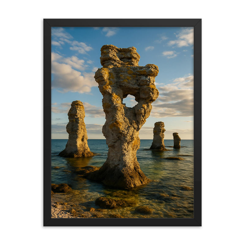 Gotland Sea Stacks Rauks Sweden framed print on a plain backdrop in size 18