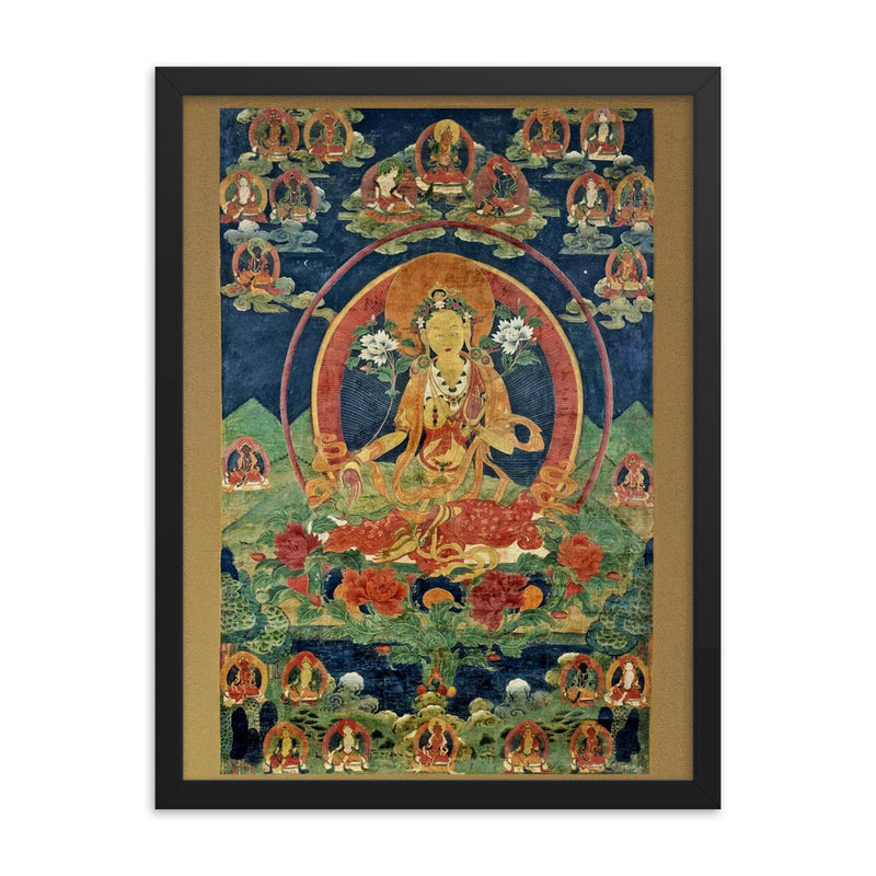 Green Tara - Khadiravani - Tibetan Thangka - Buddhist Meditation framed print on a plain backdrop in size 18