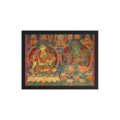 Green Tara and White Tara - Tibetan Buddhist Thangka Tantra Ganesha Vishnu Hindu art framed print on a plain backdrop in size 12"x16".