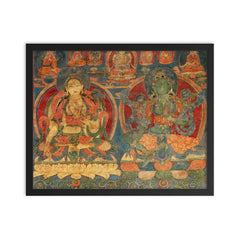 Green Tara and White Tara - Tibetan Buddhist Thangka Tantra Ganesha Vishnu Hindu art framed print on a plain backdrop in size 16"x20".