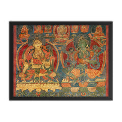 Green Tara and White Tara - Tibetan Buddhist Thangka Tantra Ganesha Vishnu Hindu art framed print on a plain backdrop in size 18"x24".