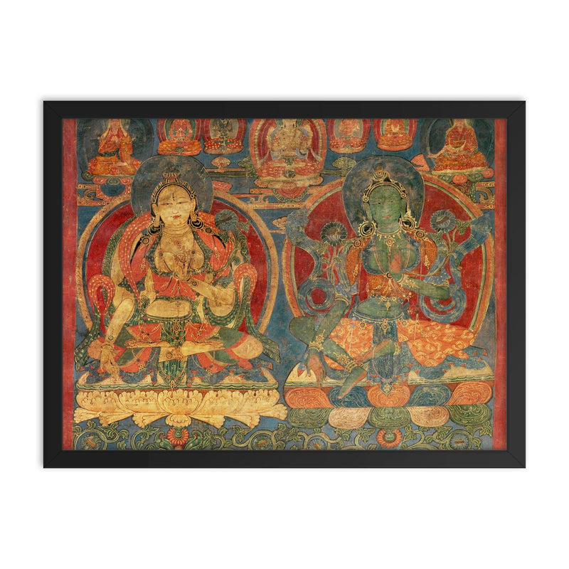 Green Tara and White Tara - Tibetan Buddhist Thangka Tantra Ganesha Vishnu Hindu art framed print on a plain backdrop in size 18