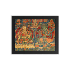 Green Tara and White Tara - Tibetan Buddhist Thangka Tantra Ganesha Vishnu Hindu art framed print on a plain backdrop in size 8"x10".