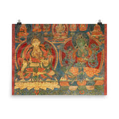 Green Tara and White Tara - Tibetan Buddhist Thangka Tantra Ganesha Vishnu Hindu art poster on a plain backdrop in size 8"x10".