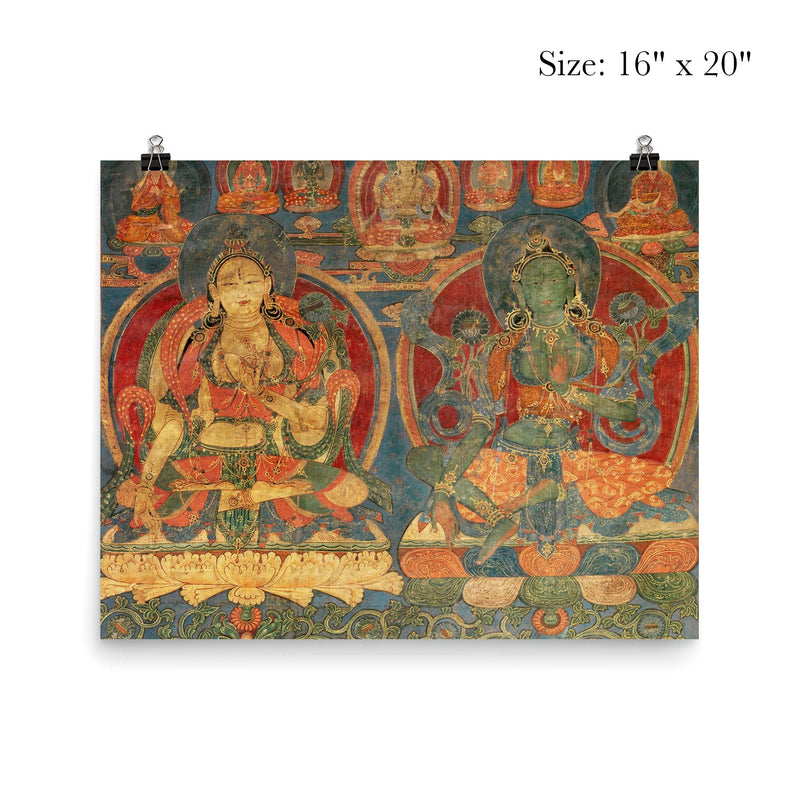 Green Tara and White Tara - Tibetan Buddhist Thangka Tantra Ganesha Vishnu Hindu art poster 2