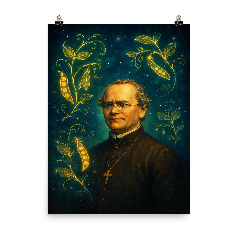Gregor Mendel among luminous pea plant constellations poster on a plain backdrop in size 8