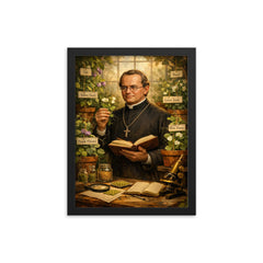 Gregor Mendel among meticulously labeled pea plants framed print on a plain backdrop in size 12"x16".