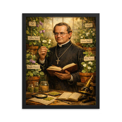 Gregor Mendel among meticulously labeled pea plants framed print on a plain backdrop in size 16"x20".