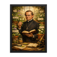 Gregor Mendel among meticulously labeled pea plants framed print on a plain backdrop in size 18"x24".