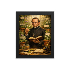 Gregor Mendel among meticulously labeled pea plants framed print on a plain backdrop in size 8"x10".