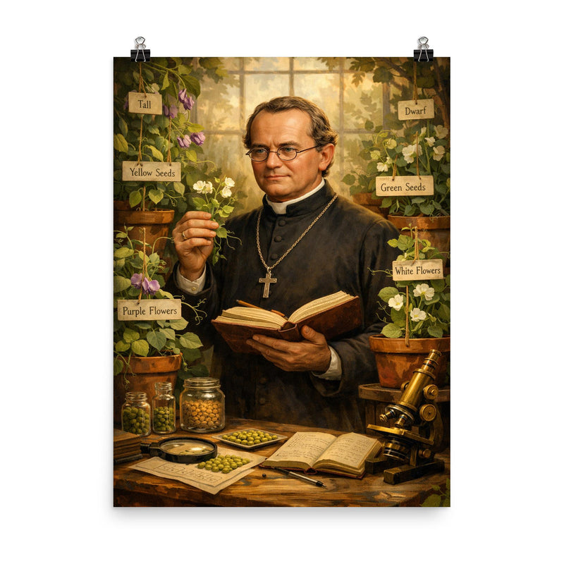 Gregor Mendel among meticulously labeled pea plants poster on a plain backdrop in size 8