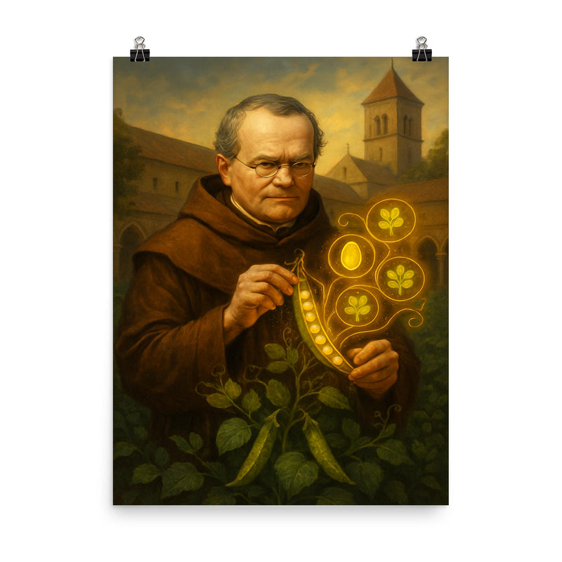 Gregor Mendel in monastery garden with glowing pea traits poster on a plain backdrop in size 8
