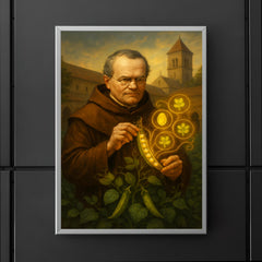 Gregor Mendel in monastery garden with glowing pea traits poster 5