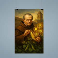 Gregor Mendel in monastery garden with glowing pea traits poster 9