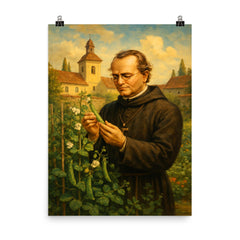 Gregor Mendel in monastery garden with peas poster on a plain backdrop in size 8"x10".