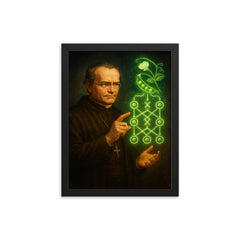 Gregor Mendel with glowing pea genetics diagram framed print on a plain backdrop in size 12"x16".