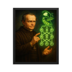 Gregor Mendel with glowing pea genetics diagram framed print on a plain backdrop in size 16"x20".