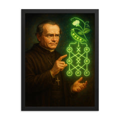 Gregor Mendel with glowing pea genetics diagram framed print on a plain backdrop in size 18"x24".