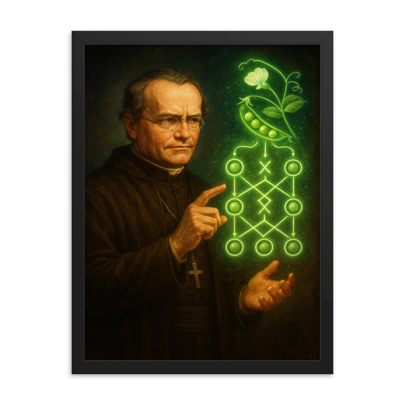 Gregor Mendel with glowing pea genetics diagram framed print on a plain backdrop in size 18
