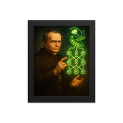 Gregor Mendel with glowing pea genetics diagram framed print on a plain backdrop in size 8"x10".