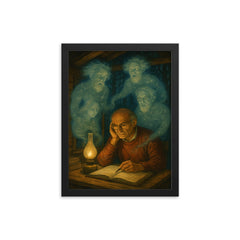Grothendieck in forest hut surrounded by mathematical ghosts framed print on a plain backdrop in size 12"x16".