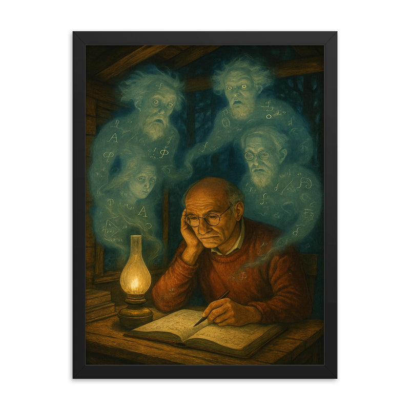 Grothendieck in forest hut surrounded by mathematical ghosts framed print on a plain backdrop in size 18