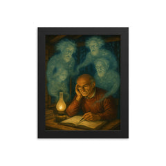 Grothendieck in forest hut surrounded by mathematical ghosts framed print on a plain backdrop in size 8"x10".