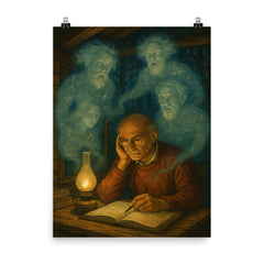 Grothendieck in forest hut surrounded by mathematical ghosts poster on a plain backdrop in size 8"x10".