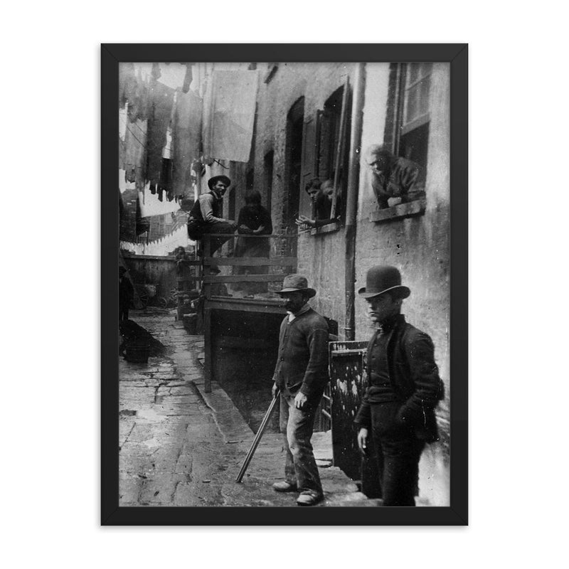 Group of Men Loitering in Bandit's Roost Alley, Mulberry Street, New York, 1887 framed print on a plain backdrop in size 18