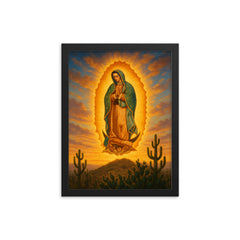 Guadalupe apparition over cactus hill at dawn framed print on a plain backdrop in size 12"x16".