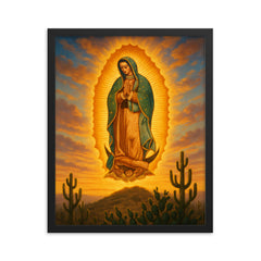 Guadalupe apparition over cactus hill at dawn framed print on a plain backdrop in size 16"x20".