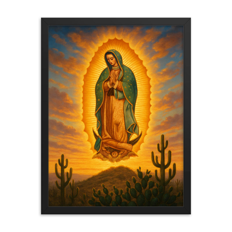 Guadalupe apparition over cactus hill at dawn framed print on a plain backdrop in size 18