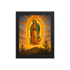 Guadalupe apparition over cactus hill at dawn framed print on a plain backdrop in size 8"x10".