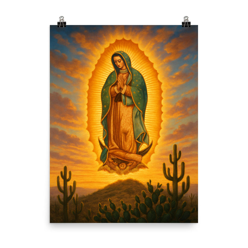 Guadalupe apparition over cactus hill at dawn poster on a plain backdrop in size 8