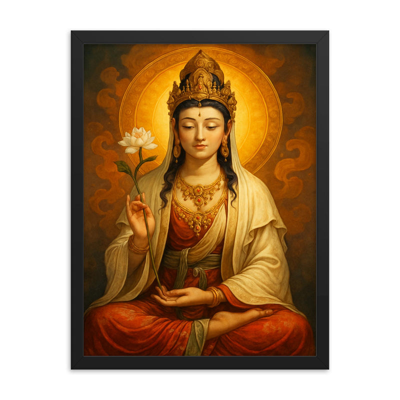 Guanyin framed print on a plain backdrop in size 18