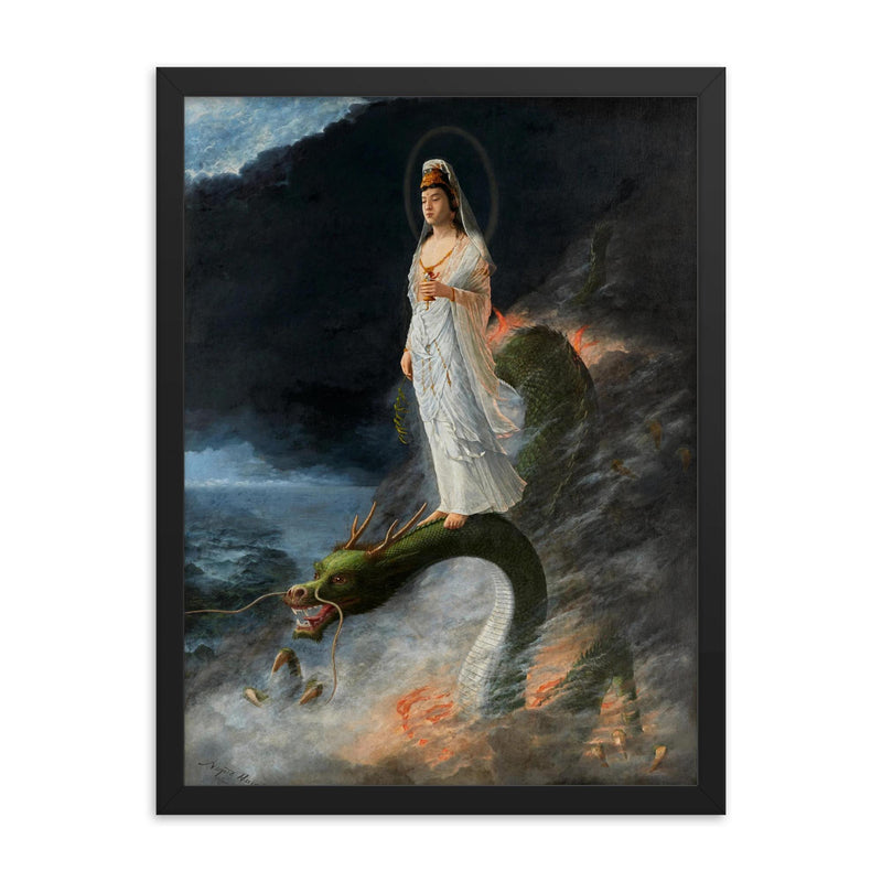 Guanyin Riding the Dragon by Harada Naojiro, 1890 framed print on a plain backdrop in size 18