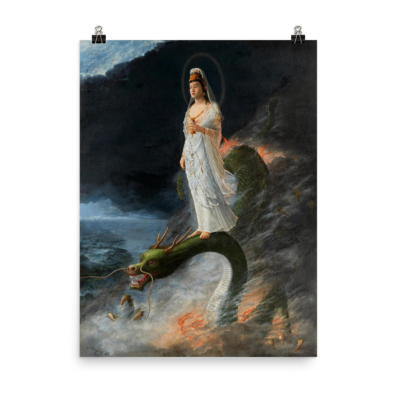 Guanyin Riding the Dragon by Harada Naojiro, 1890 poster on a plain backdrop in size 8