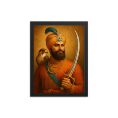 Guru Gobind Singh hawk and sword framed print on a plain backdrop in size 12"x16".