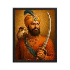 Guru Gobind Singh hawk and sword framed print on a plain backdrop in size 16"x20".
