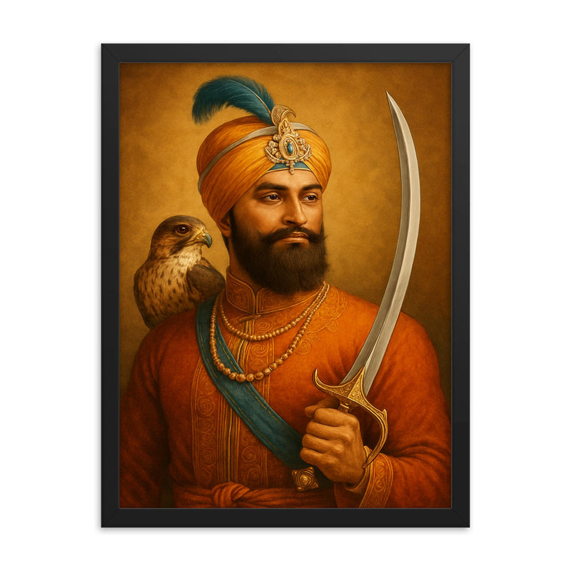 Guru Gobind Singh hawk and sword framed print on a plain backdrop in size 18
