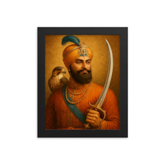 Guru Gobind Singh hawk and sword framed print on a plain backdrop in size 8"x10".